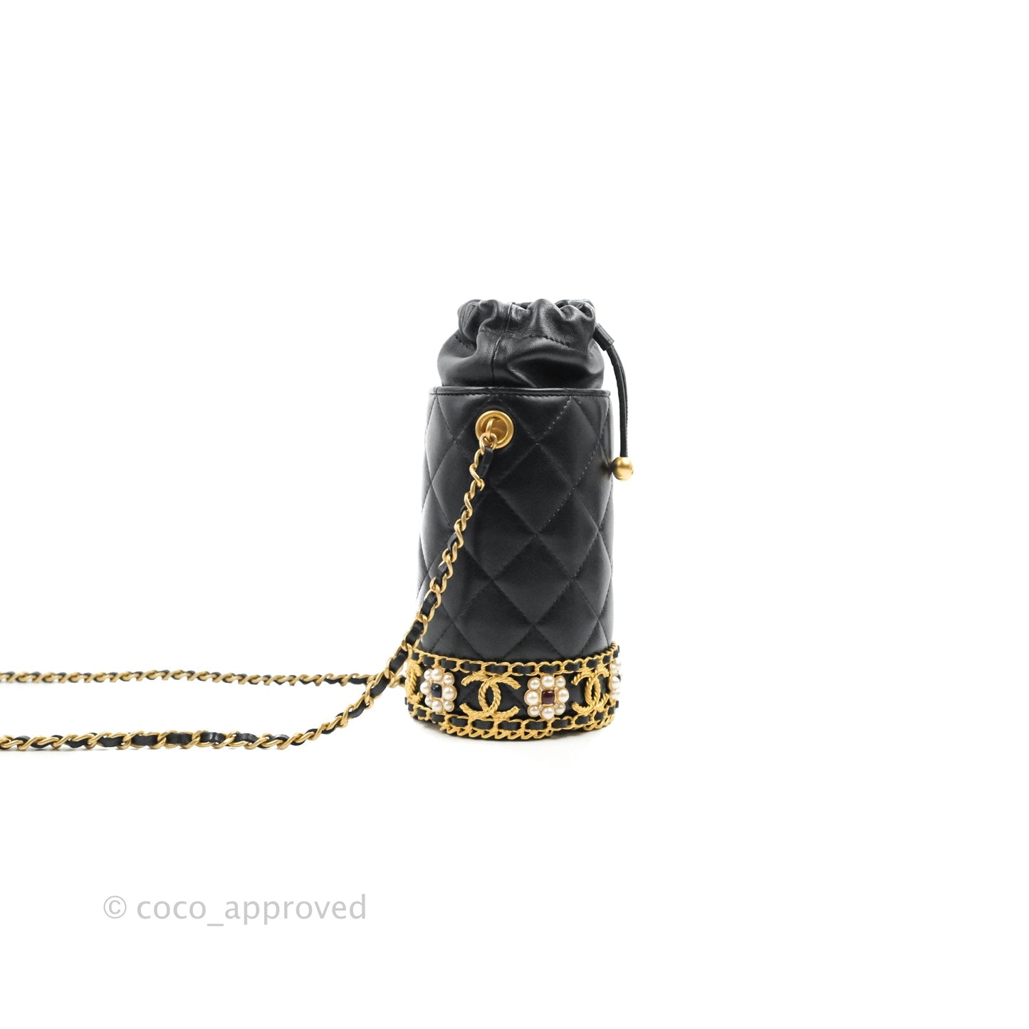 Chanel Quilted Drawstring Pearl Flower Bucket Bag Black Lambskin Aged Gold Hardware