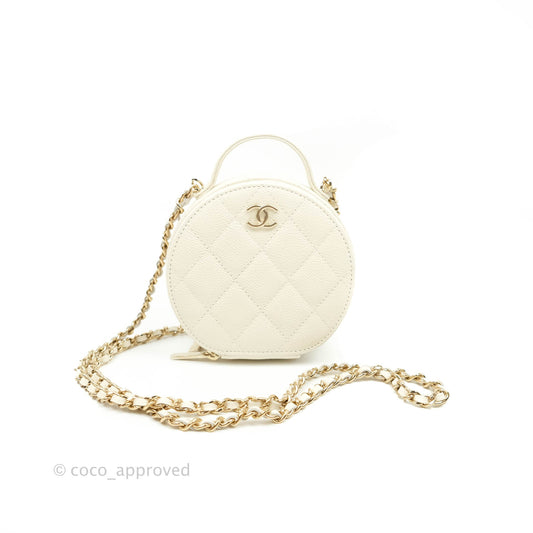 Chanel Mini Round Vanity Bag with Handle Ivory Caviar Gold Hardware 22C