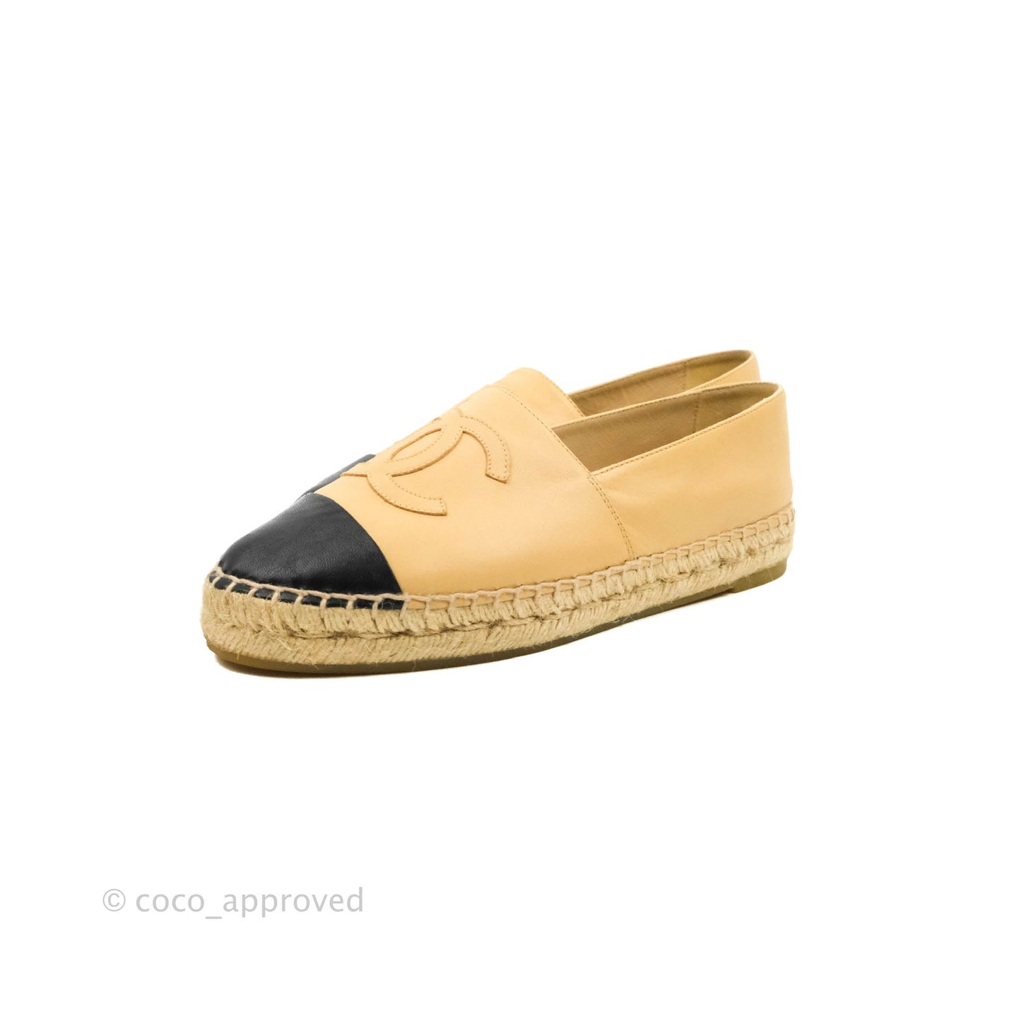 Chanel Espadrille Beige Black Leather Size 37