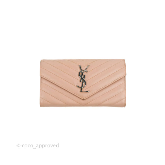 Saint Laurent Quilted Envelope Wallet Pink Grained Leather Silver Hardware