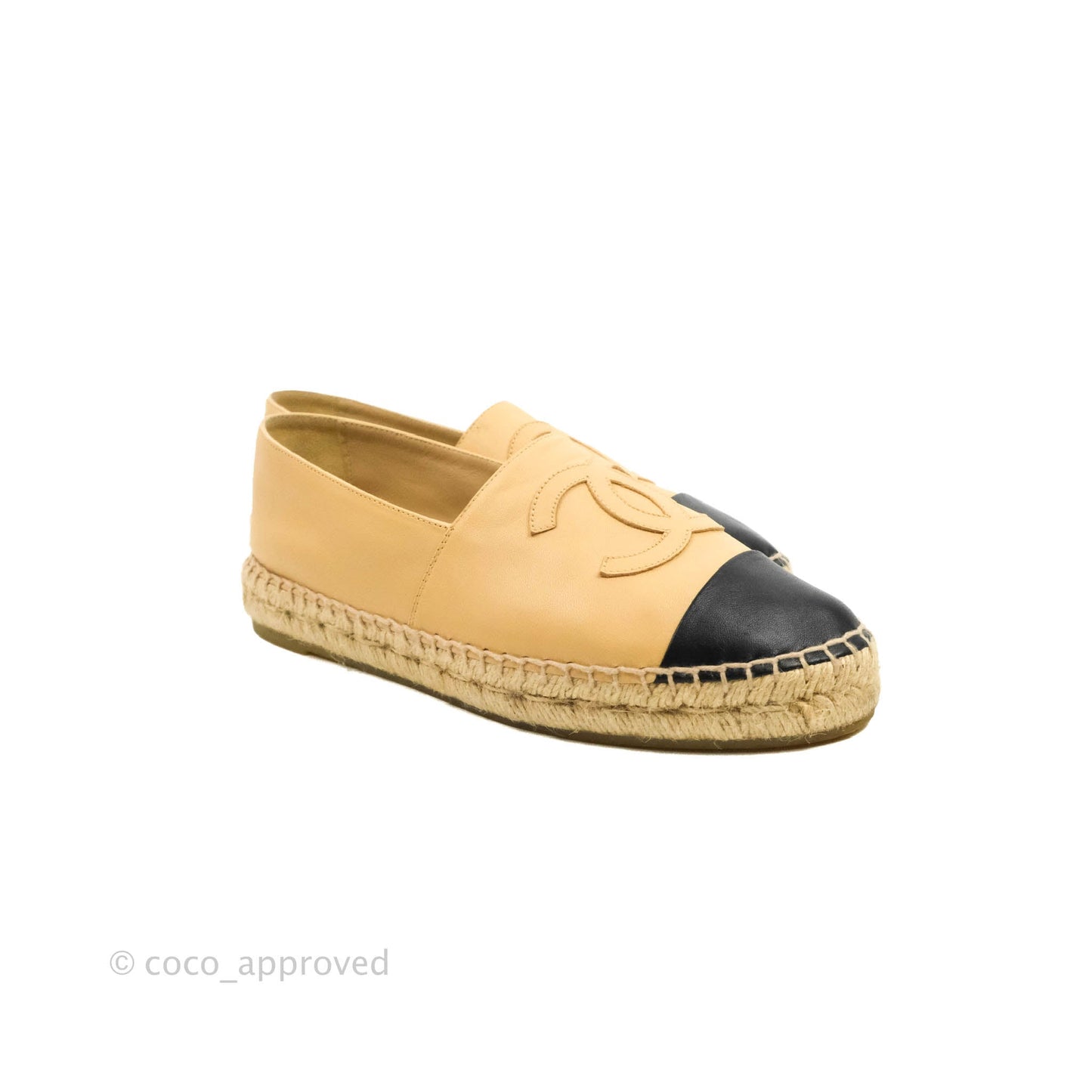 Chanel Espadrille Beige Black Leather Size 37