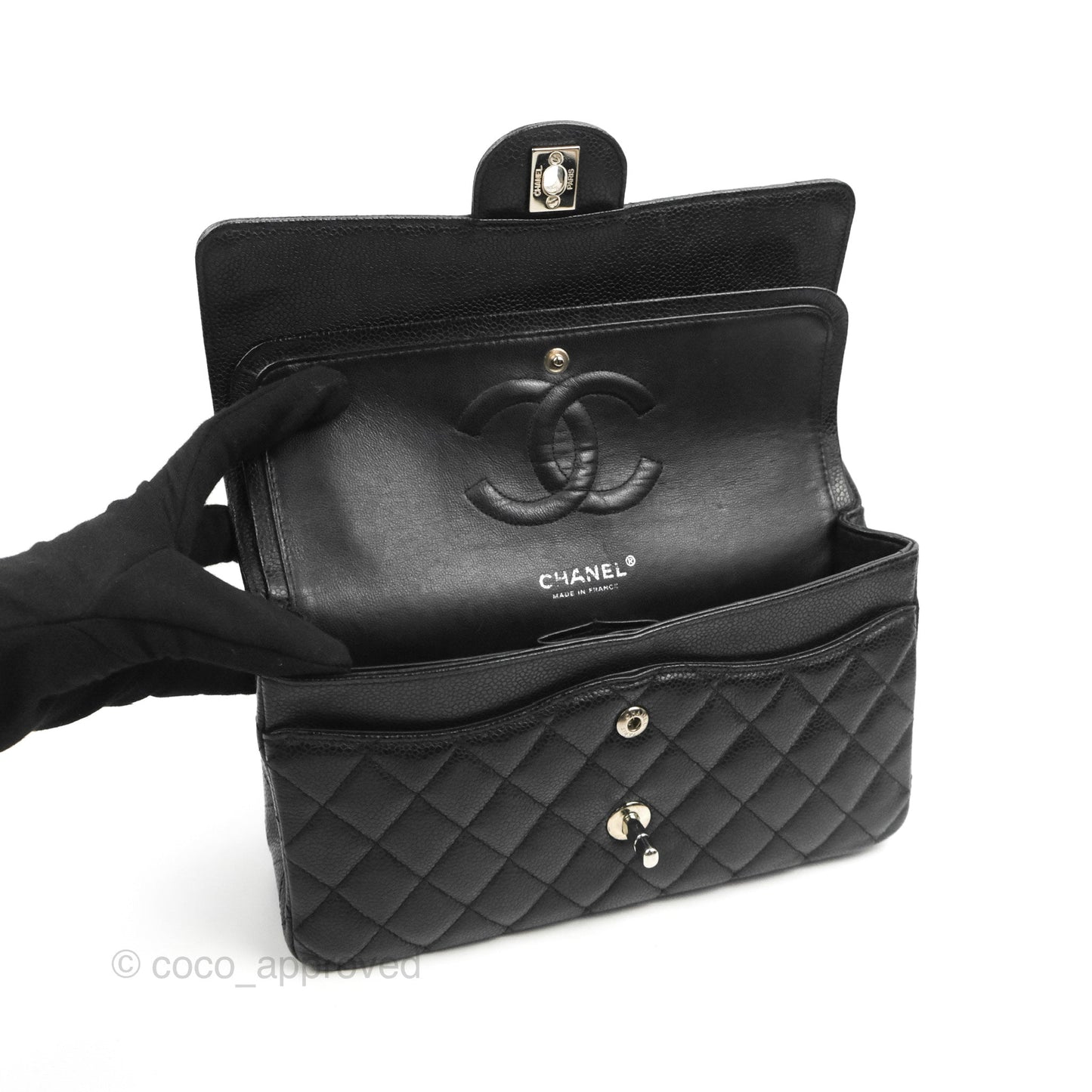 Chanel Classic M/L Medium Flap Quilted Black Caviar Silver Hardware