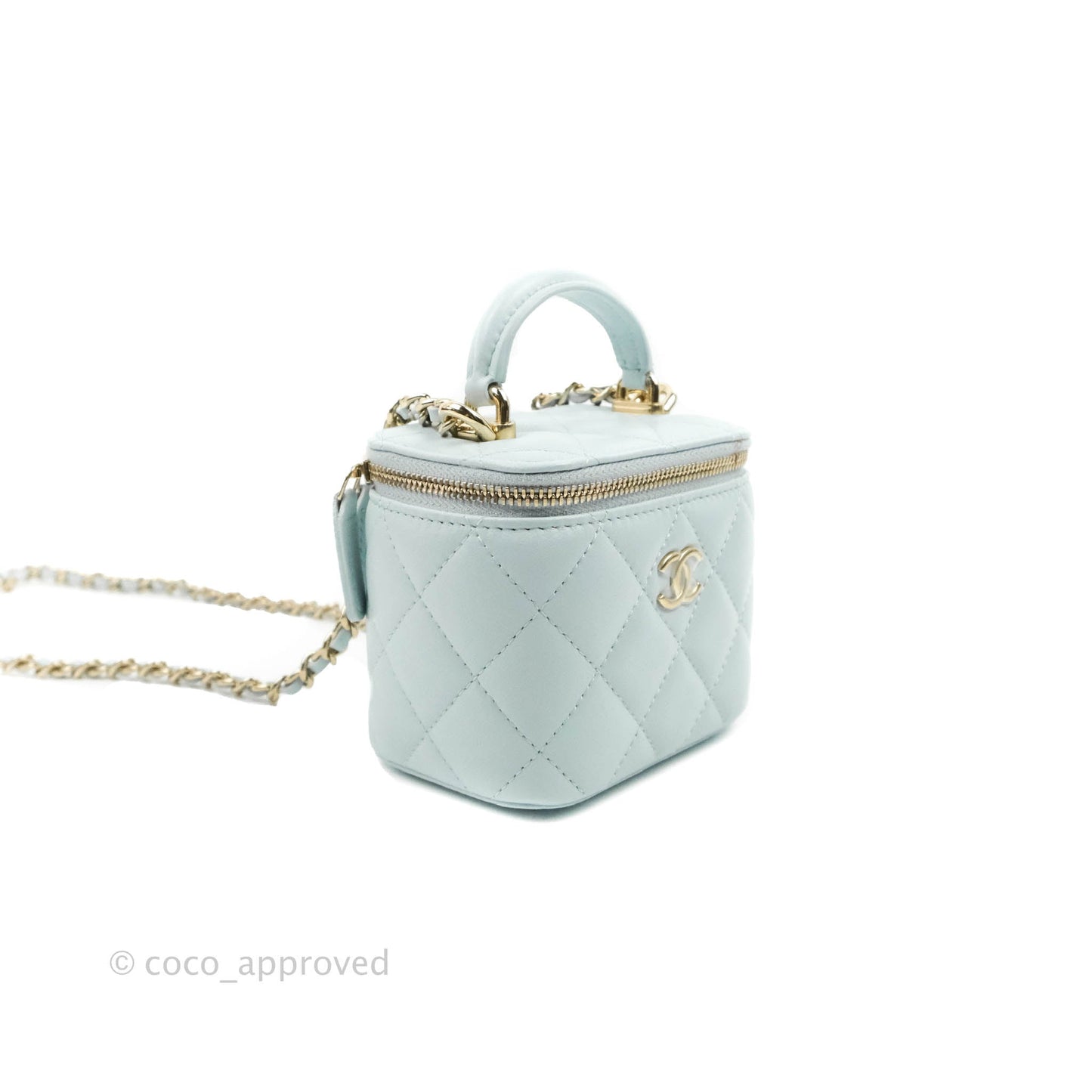 Chanel Mini Top Handle Vanity With Chain Light Blue Lambskin Gold Hardware