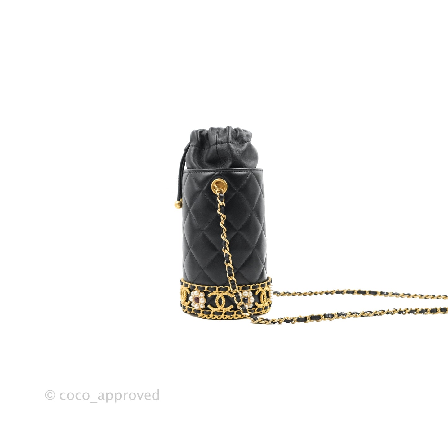 Chanel Quilted Drawstring Pearl Flower Bucket Bag Black Lambskin Aged Gold Hardware