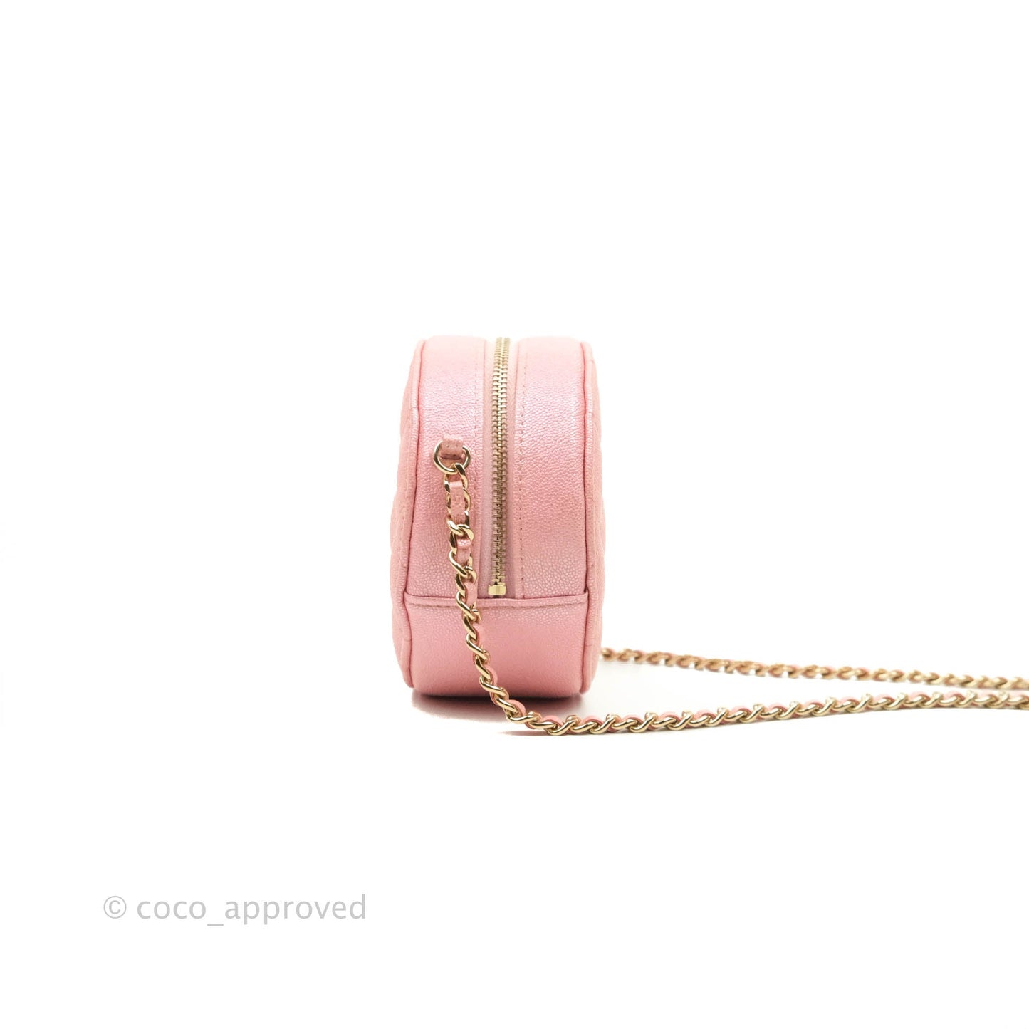 Chanel Classic Quilted Round Clutch With Chain Iridescent Pink Caviar Gold Hardware 19S