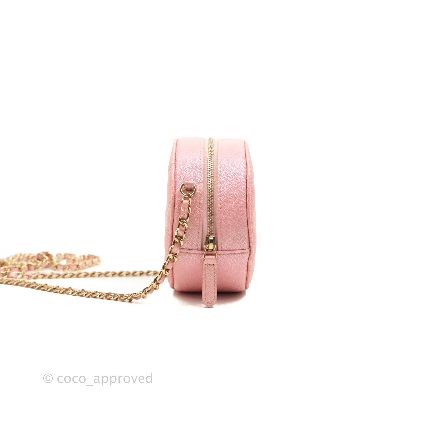 Chanel Classic Quilted Round Clutch With Chain Iridescent Pink Caviar Gold Hardware 19S