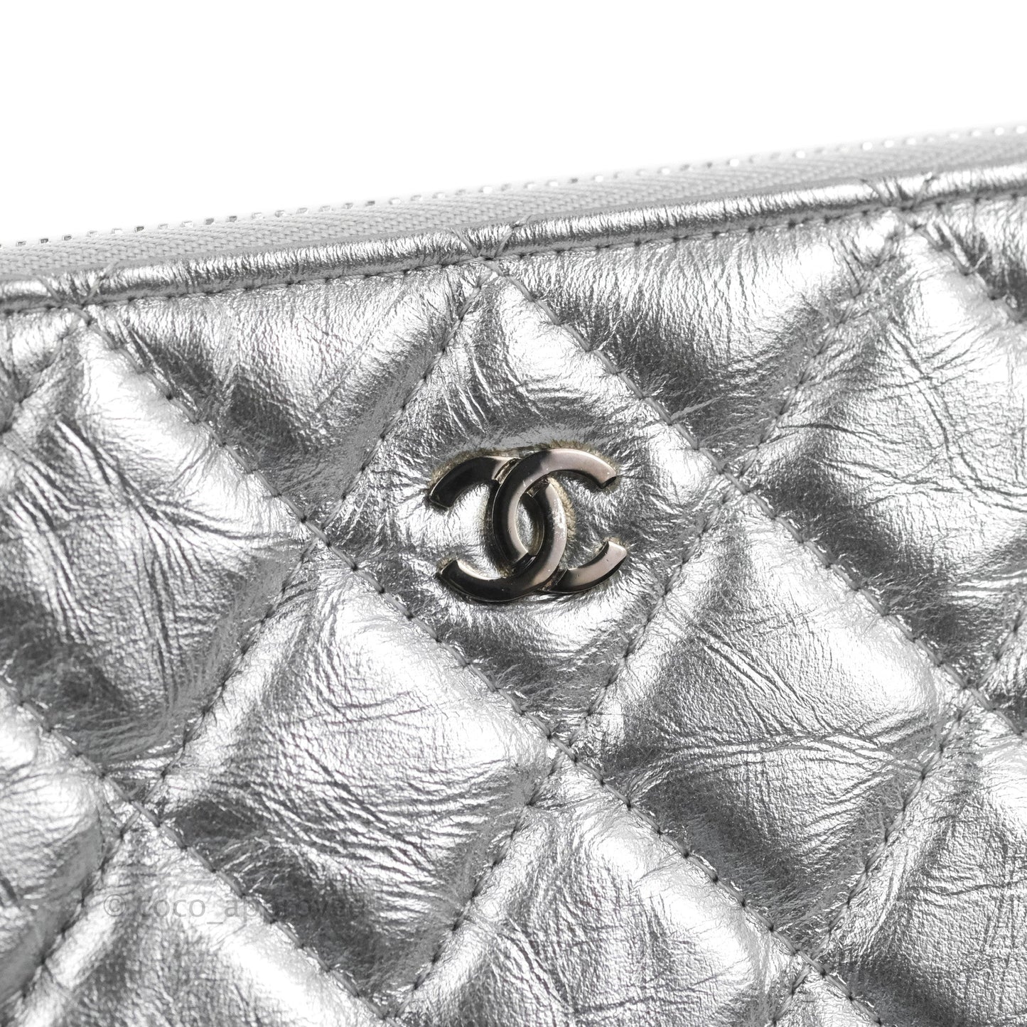 Chanel Quilted Large O Case Metallic Silver With Charms