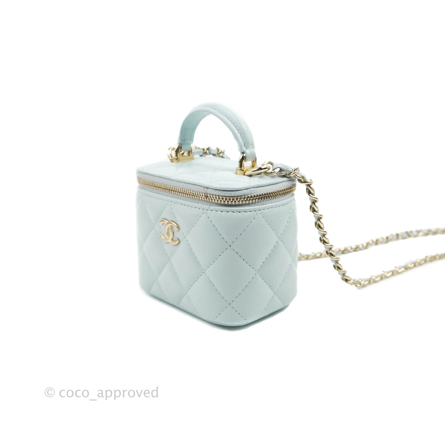 Chanel Mini Top Handle Vanity With Chain Light Blue Lambskin Gold Hardware