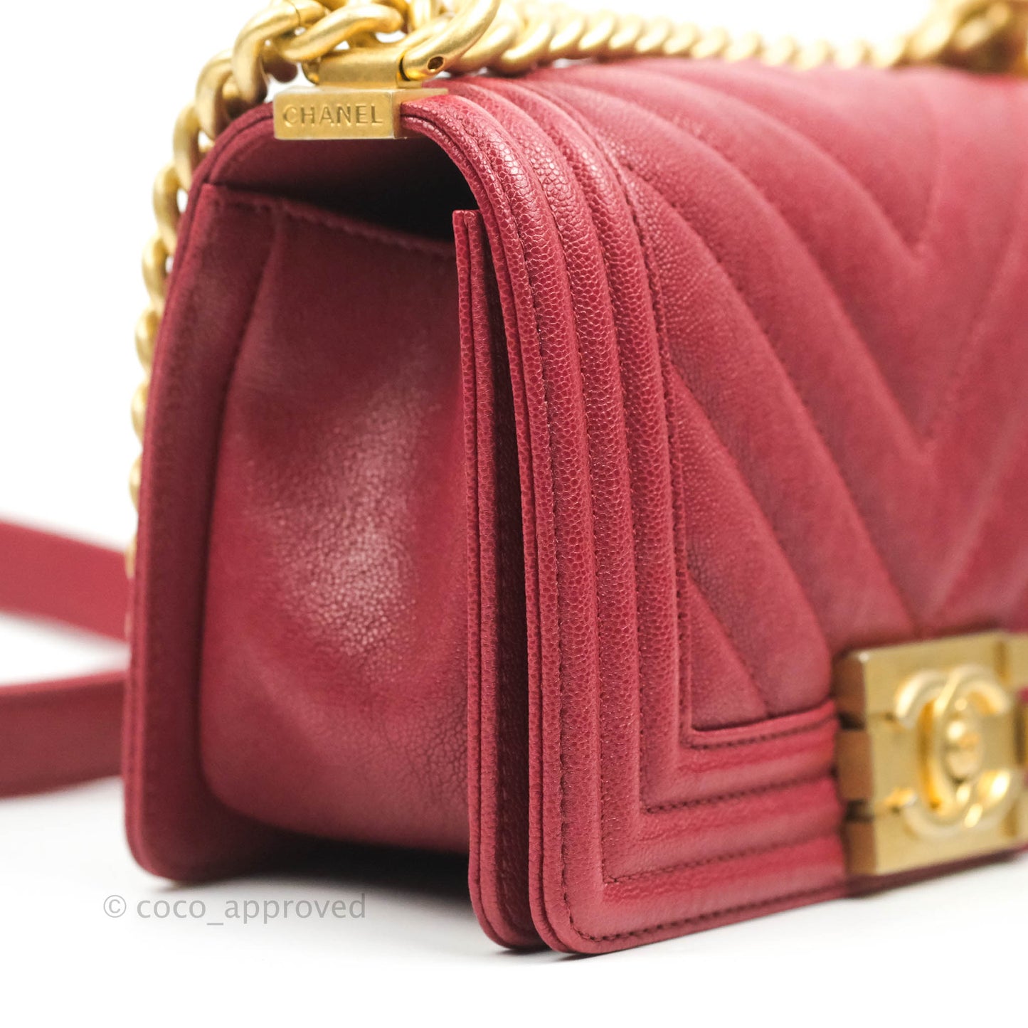 Chanel Small Chevron Boy Red Caviar Aged Gold Hardware