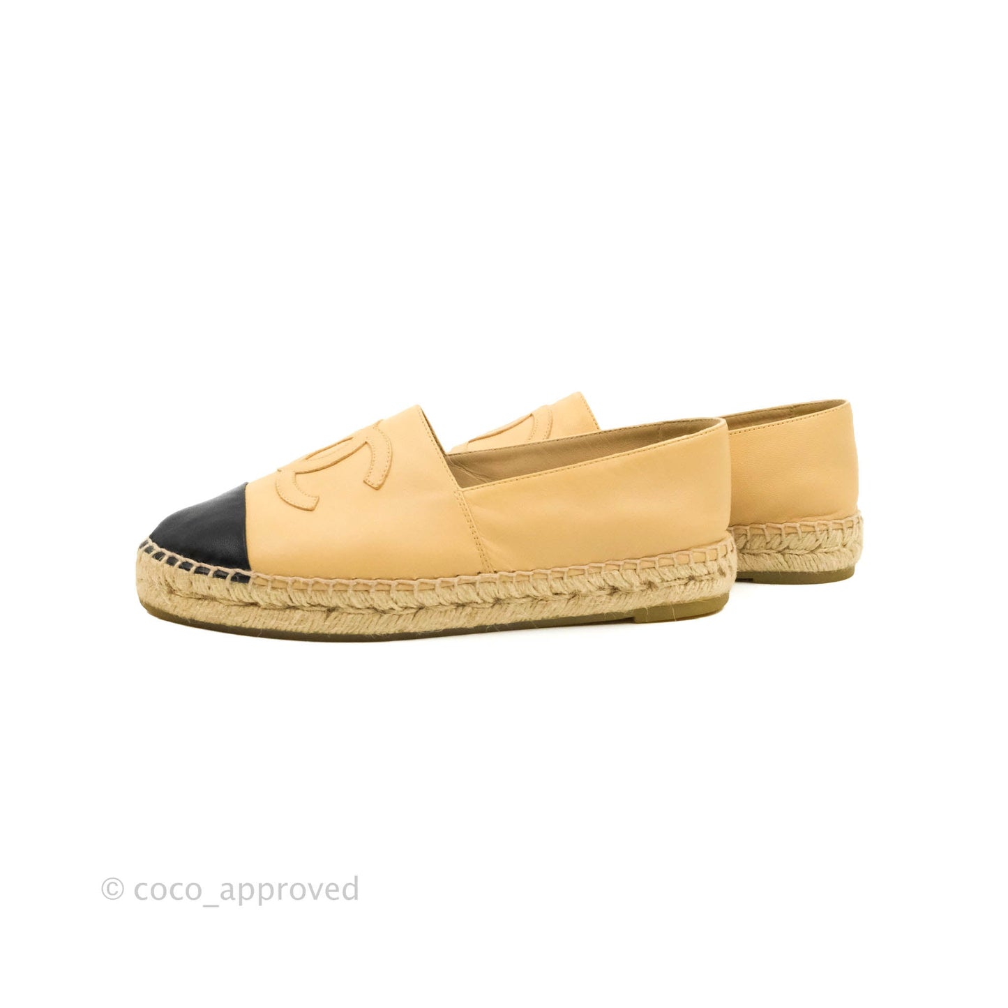 Chanel Espadrille Beige Black Leather Size 37