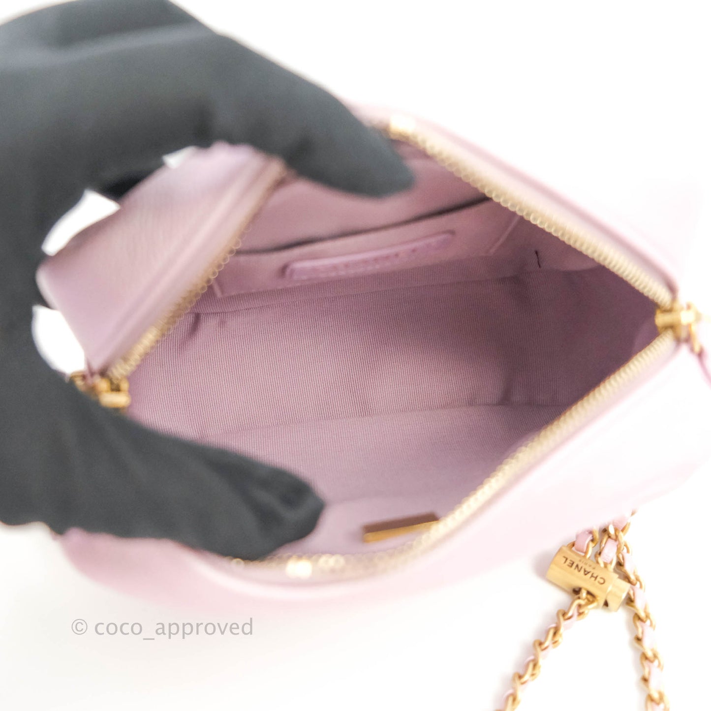 Chanel Quilted My Perfect Camera Case Iridescent Pink Caviar Aged Gold Hardware