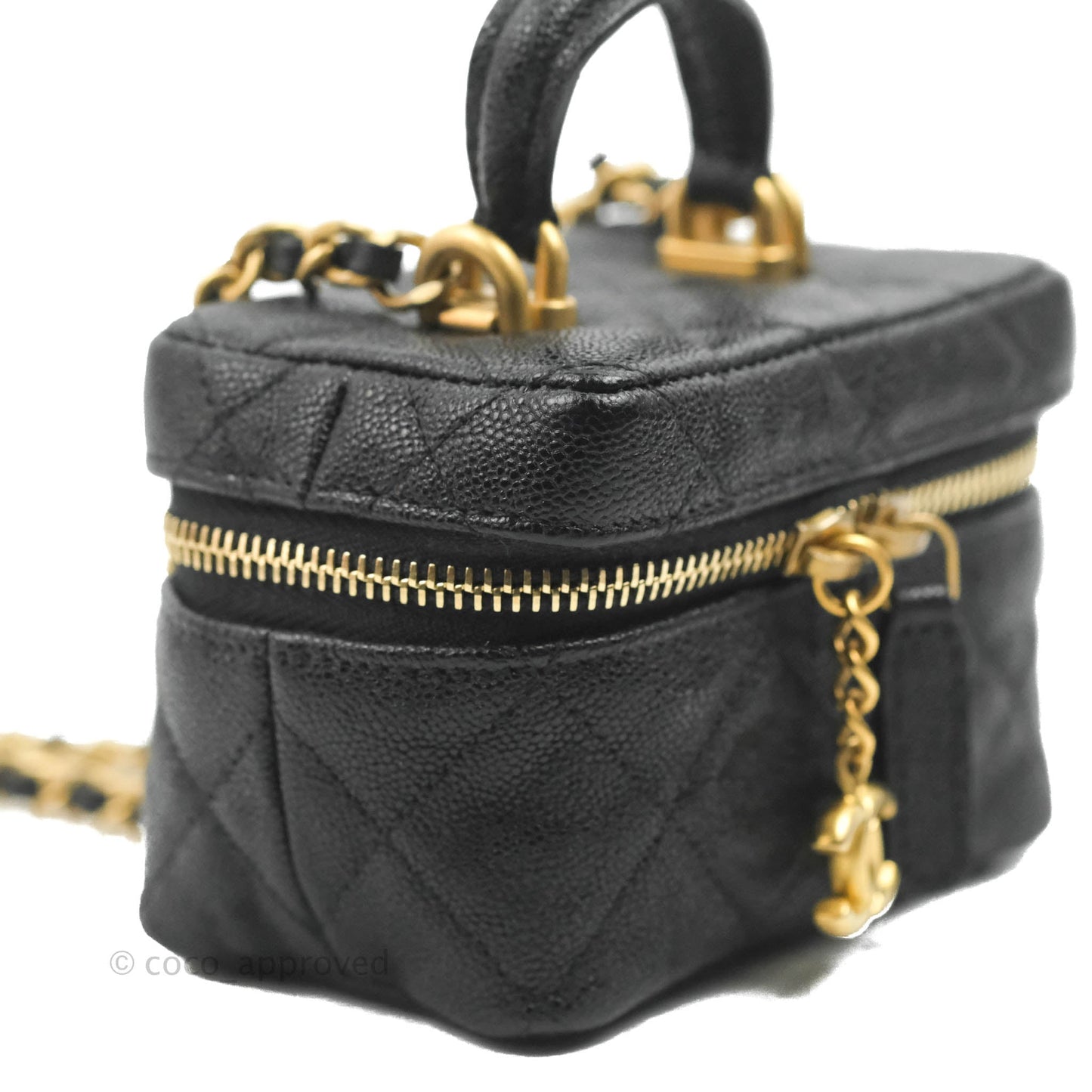 Chanel Quilted Mini Top Handle Vanity With Chain Black Caviar Aged Gold Hardware