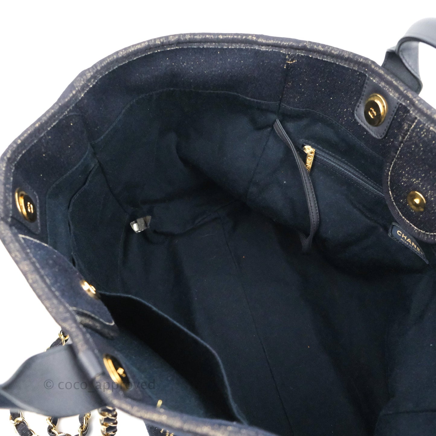 Chanel Canvas Large Deauville Tote Navy Glittery Gold Logo 19B