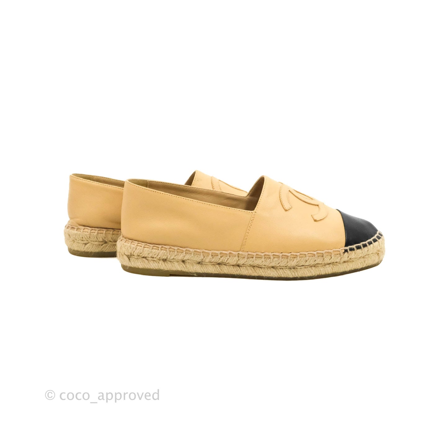 Chanel Espadrille Beige Black Leather Size 37
