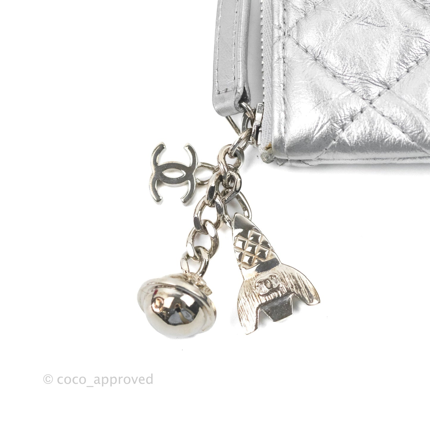 Chanel Quilted Large O Case Metallic Silver With Charms