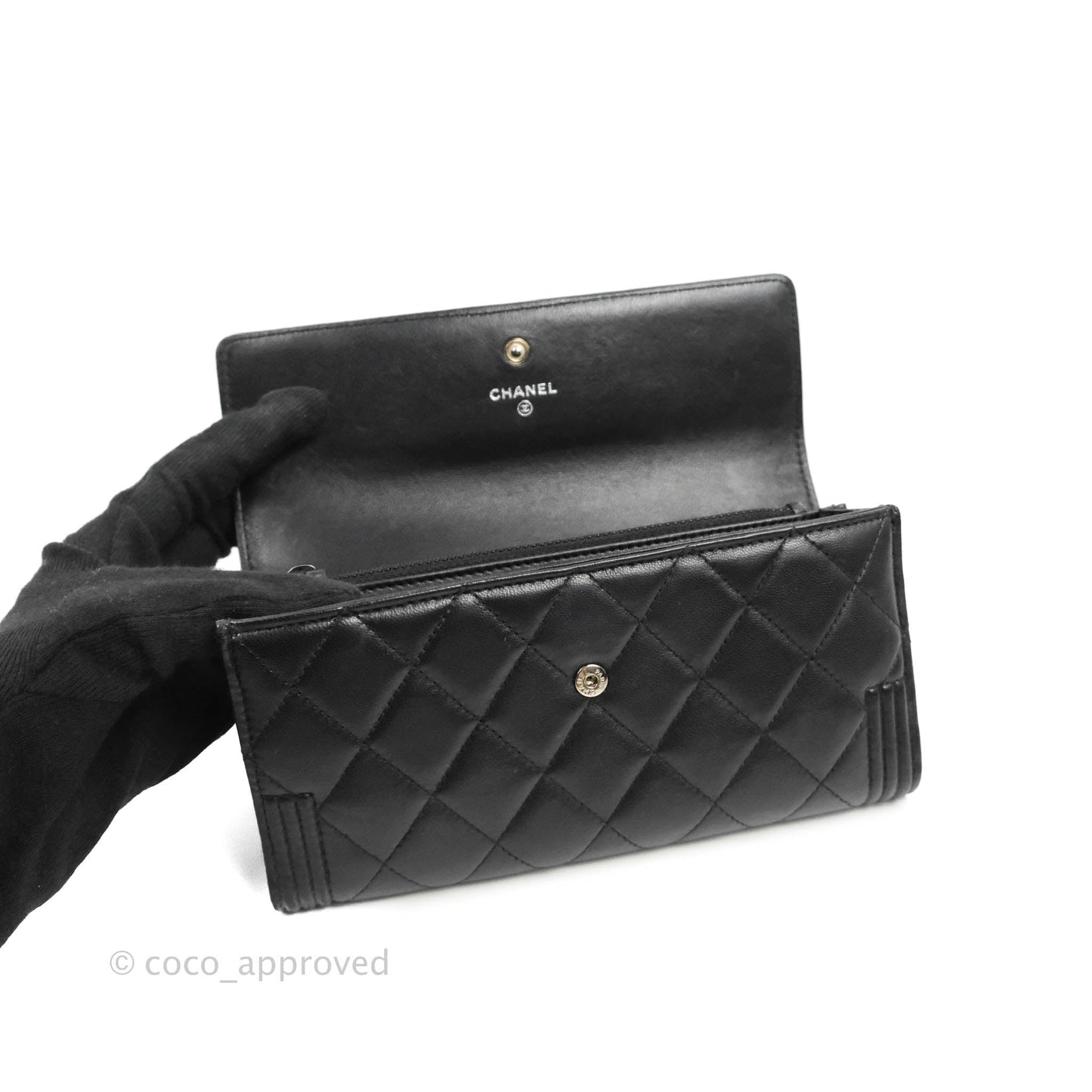 Chanel Quilted Boy Flap Long Wallet Black Lambskin Ruthentium Hardware