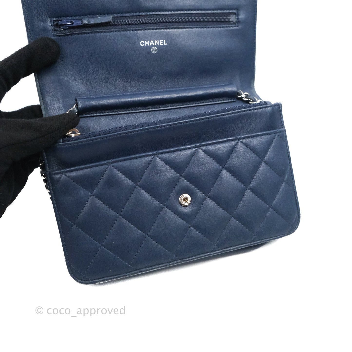 Chanel Quilted Classic Wallet on Chain WOC Navy Lambskin Silver Hardware