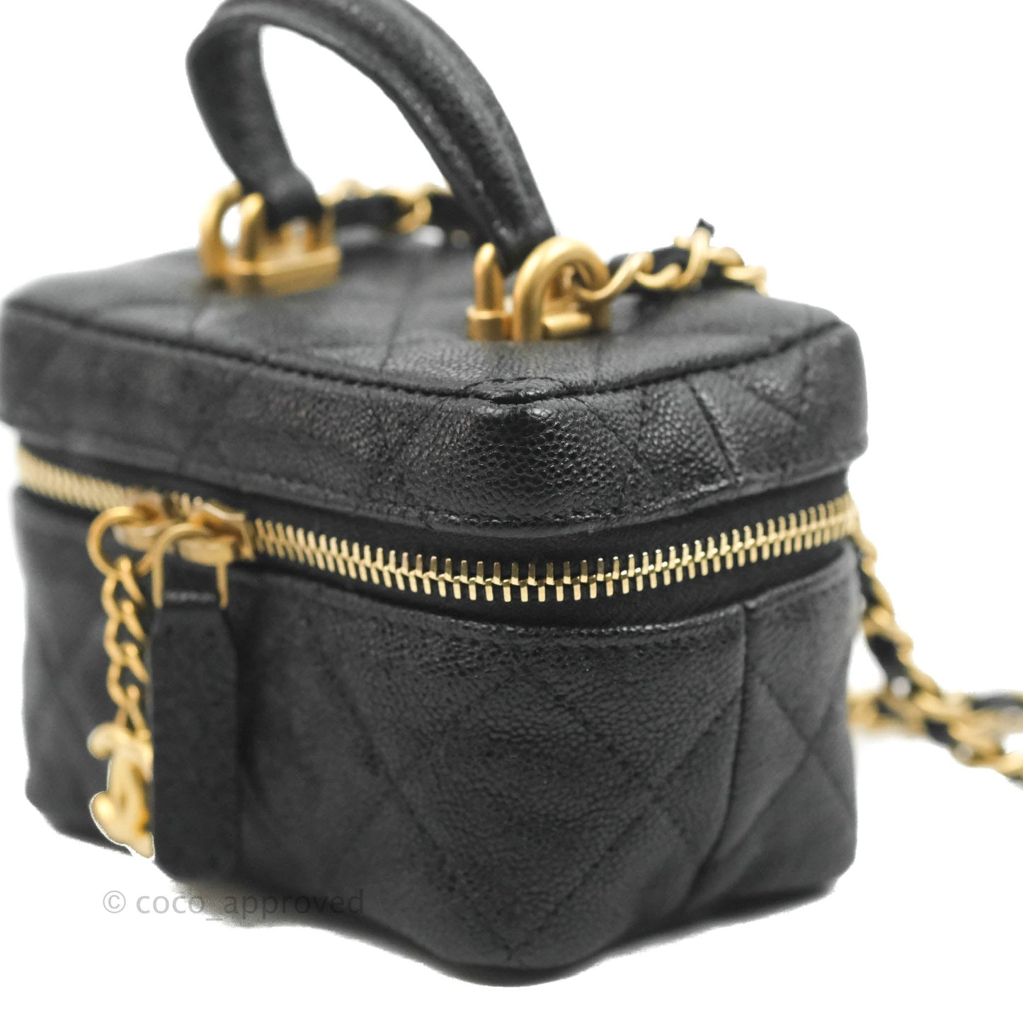 Chanel Quilted Mini Top Handle Vanity With Chain Black Caviar Aged Gold Hardware