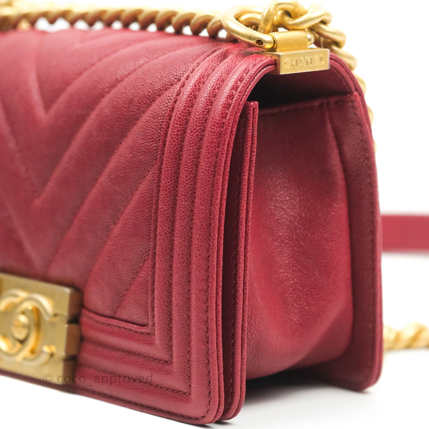 Chanel Small Chevron Boy Red Caviar Aged Gold Hardware