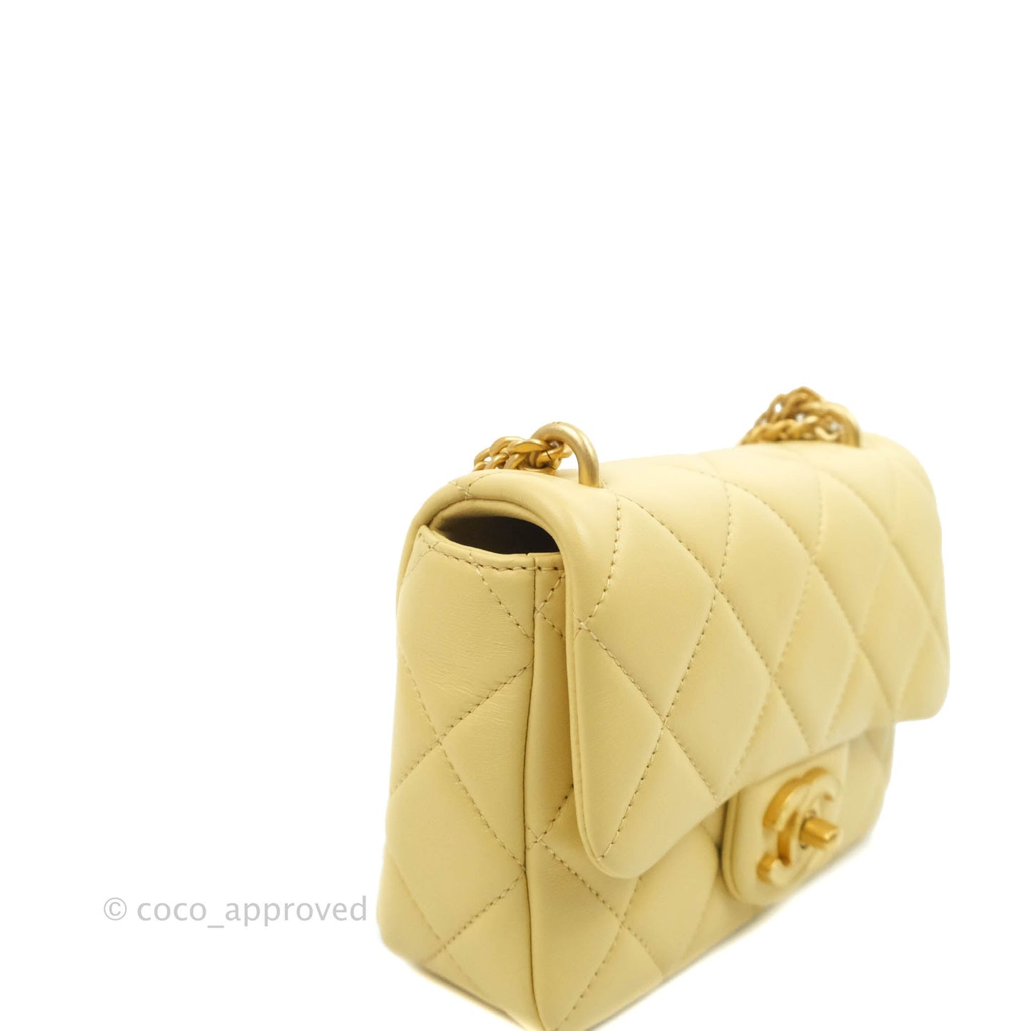 Chanel Enamel Quilted Pending CC Mini Square Flap Yellow Lambskin Aged Gold Hardware 22P