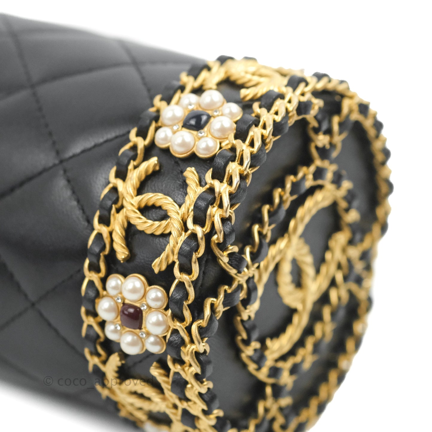 Chanel Quilted Drawstring Pearl Flower Bucket Bag Black Lambskin Aged Gold Hardware