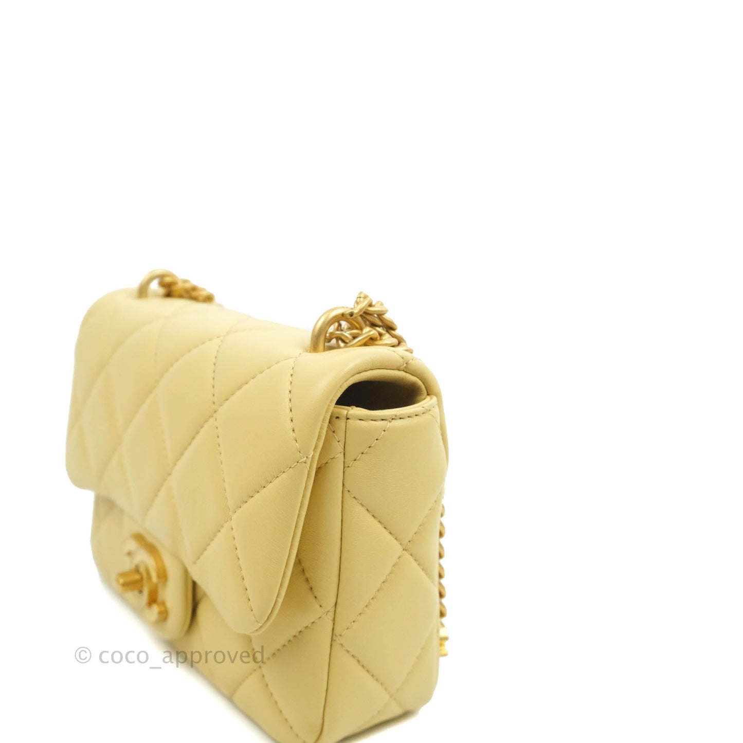 Chanel Enamel Quilted Pending CC Mini Square Flap Yellow Lambskin Aged Gold Hardware 22P