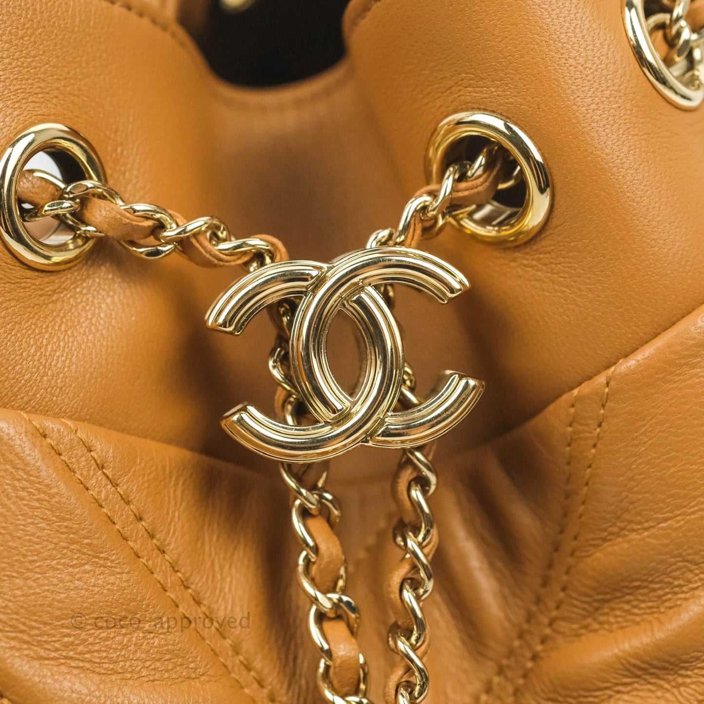 Chanel Chevron Bucket Drawstring Bag Caramel Gold Hardware