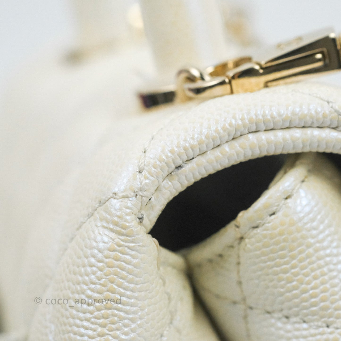 Chanel Mini Coco Handle Quilted Iridescent Pearl White Caviar Gold Hardware
