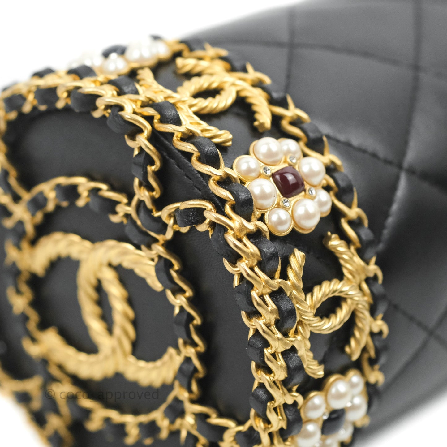 Chanel Quilted Drawstring Pearl Flower Bucket Bag Black Lambskin Aged Gold Hardware