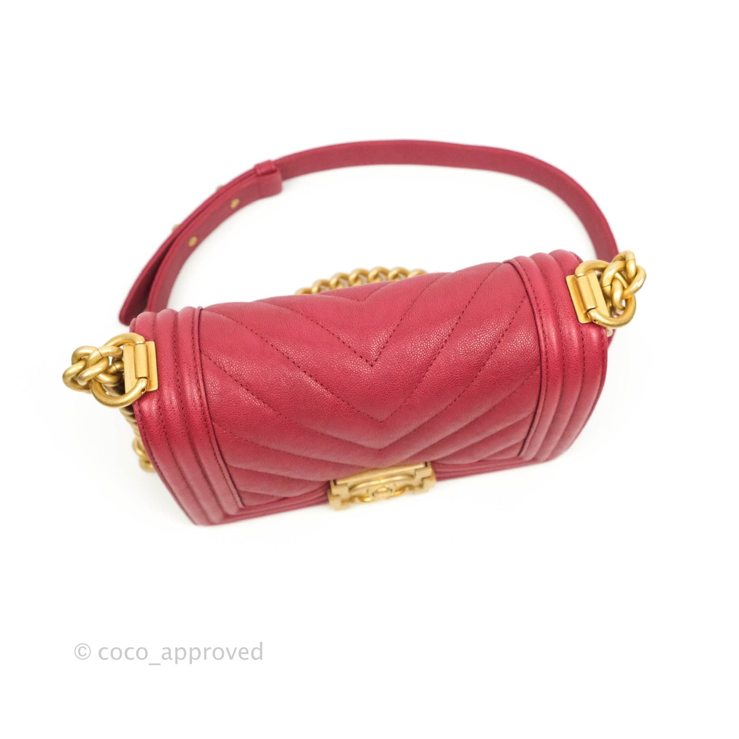 Chanel Small Chevron Boy Red Caviar Aged Gold Hardware