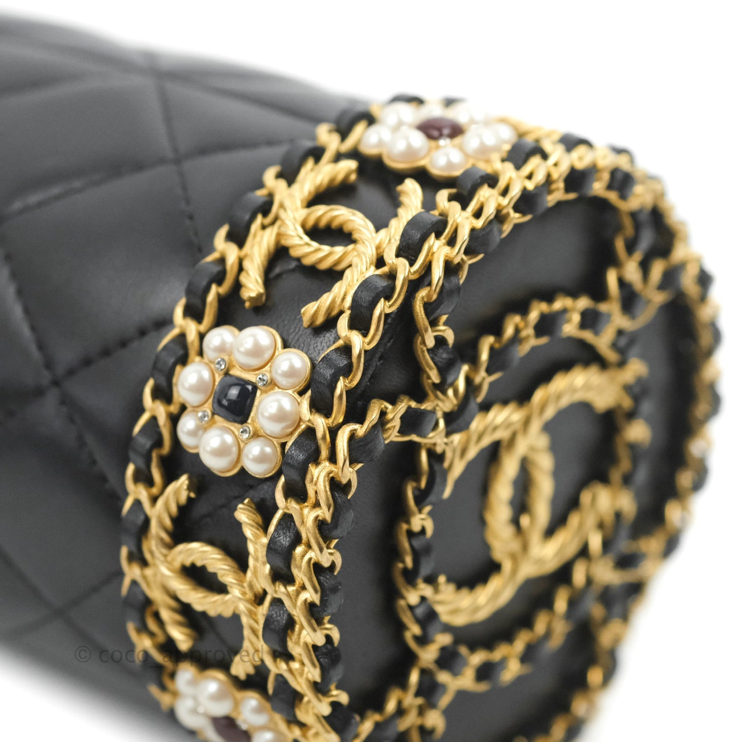 Chanel Quilted Drawstring Pearl Flower Bucket Bag Black Lambskin Aged Gold Hardware