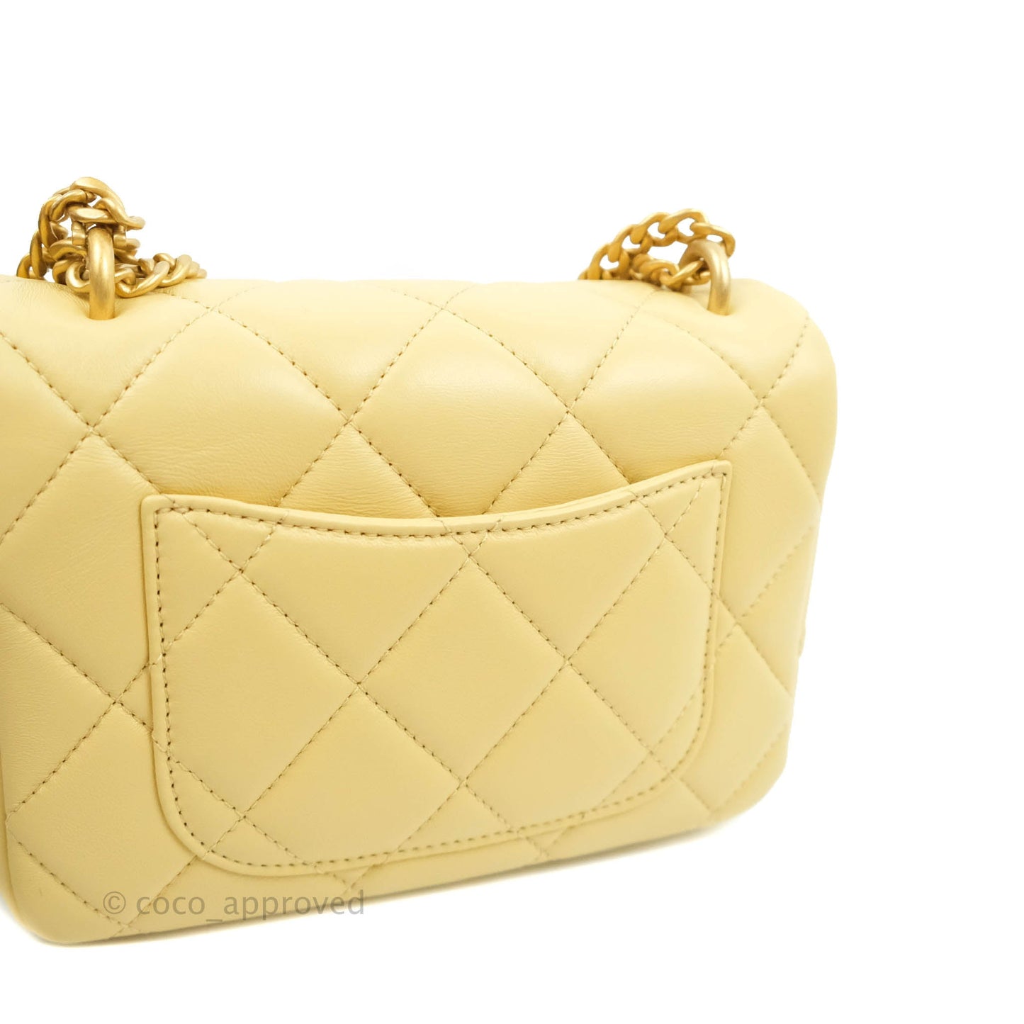 Chanel Enamel Quilted Pending CC Mini Square Flap Yellow Lambskin Aged Gold Hardware 22P