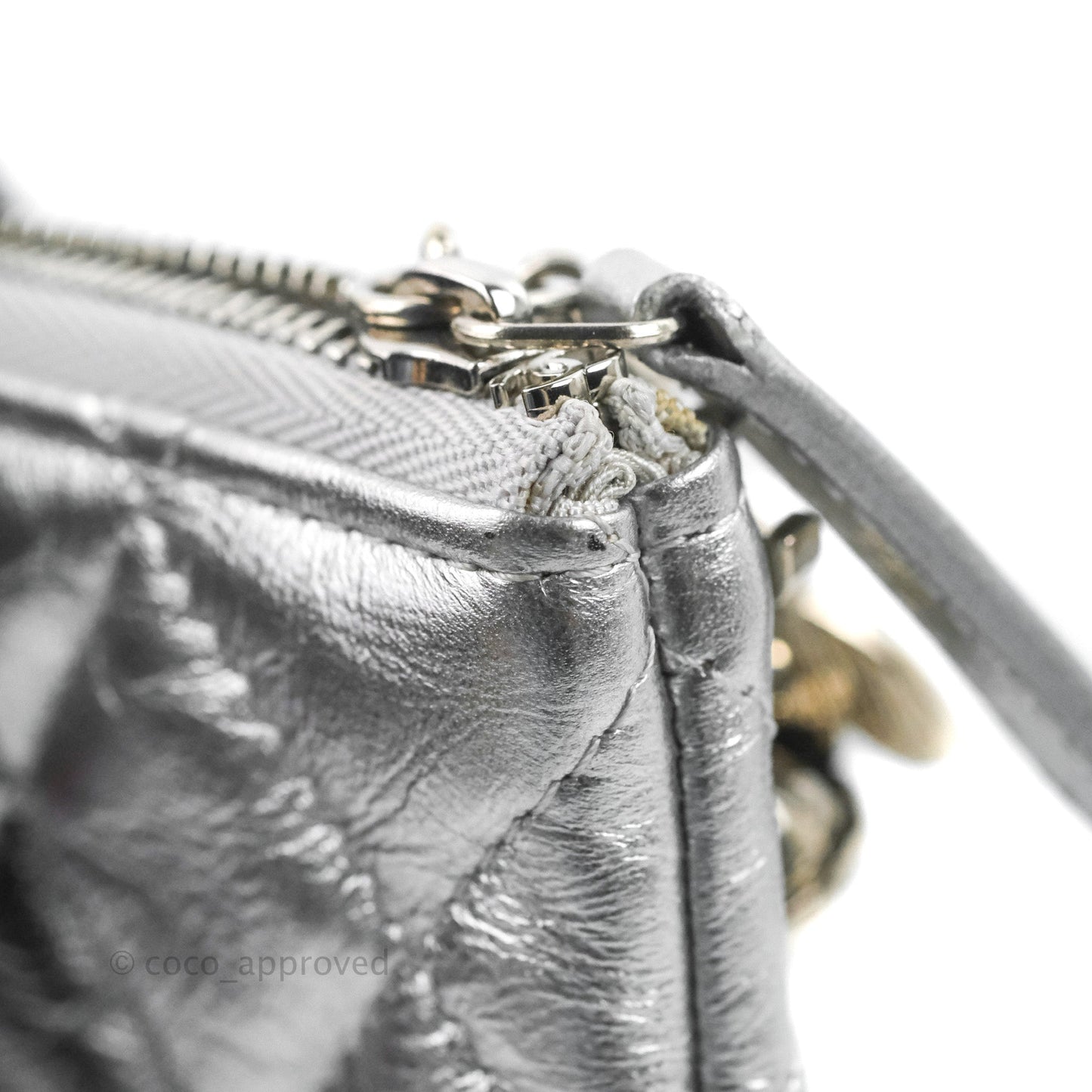 Chanel Quilted Large O Case Metallic Silver With Charms