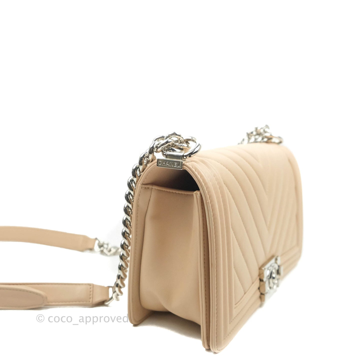 Chanel Chevron Medium Boy Light Pink Beige Calfskin Silver Hardware
