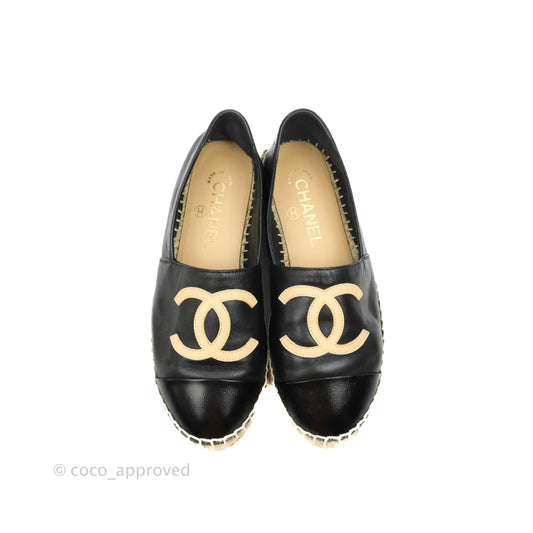 Chanel Espadrille Black Beige Leather Size 36C