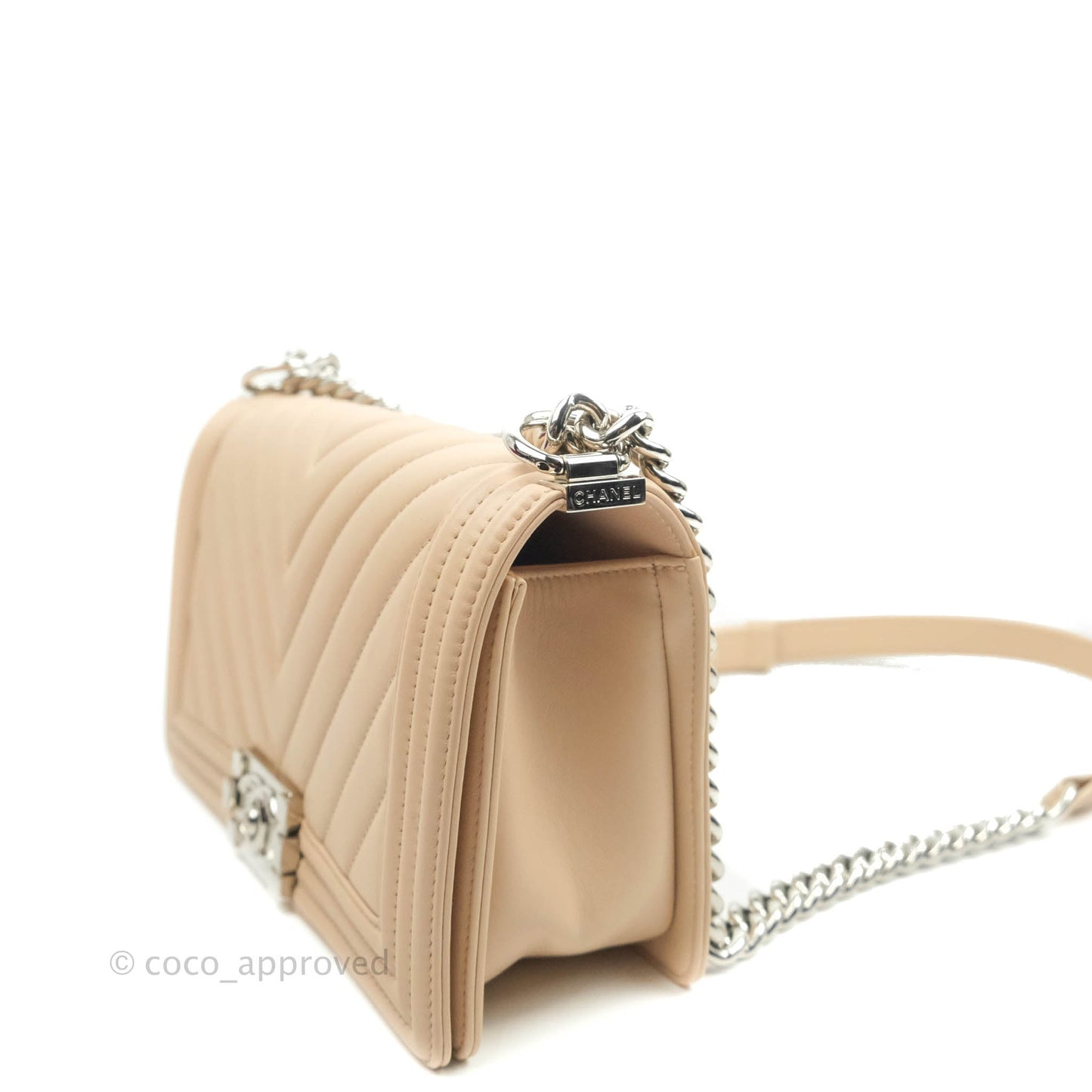 Chanel Chevron Medium Boy Light Pink Beige Calfskin Silver Hardware