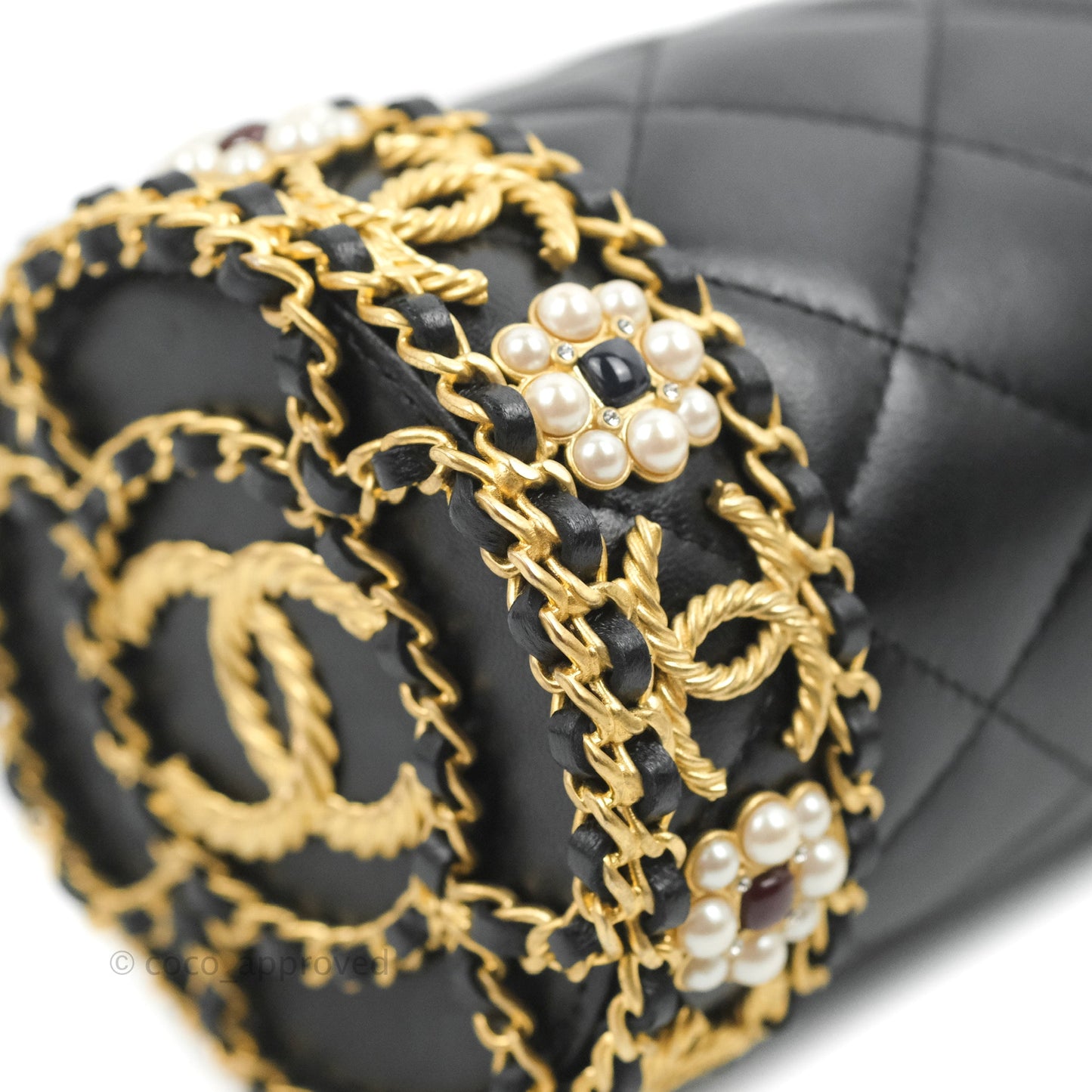 Chanel Quilted Drawstring Pearl Flower Bucket Bag Black Lambskin Aged Gold Hardware