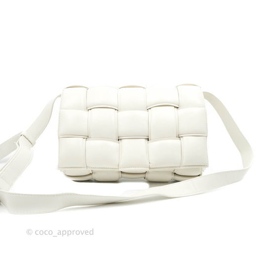 Bottega Veneta Padded Cassette Shoulder Bag Intrecciato White Lambskin Silver Hardware