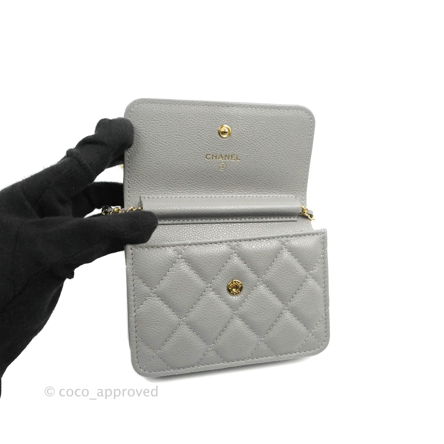 Chanel Miss Coco Clutch With Chain Quilted Grey Caviar Gold Hardware