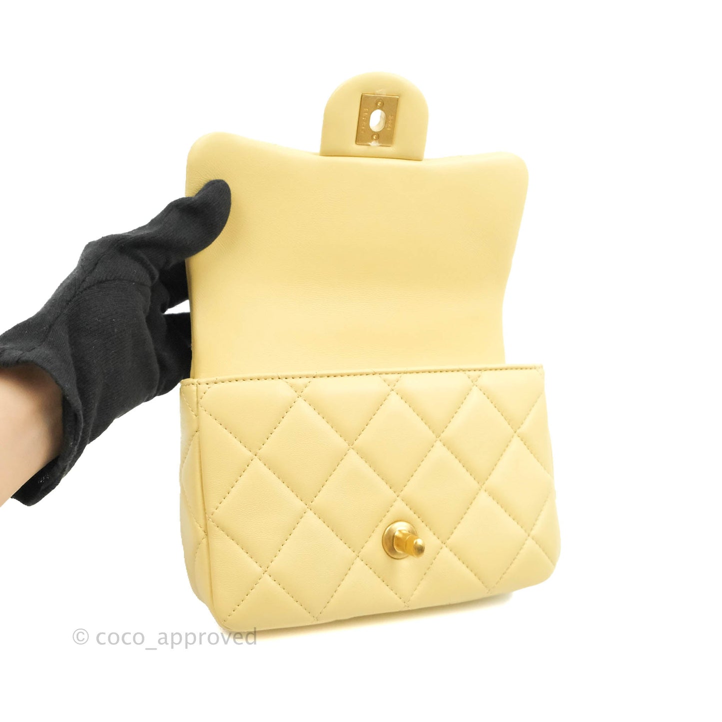 Chanel Enamel Quilted Pending CC Mini Square Flap Yellow Lambskin Aged Gold Hardware 22P