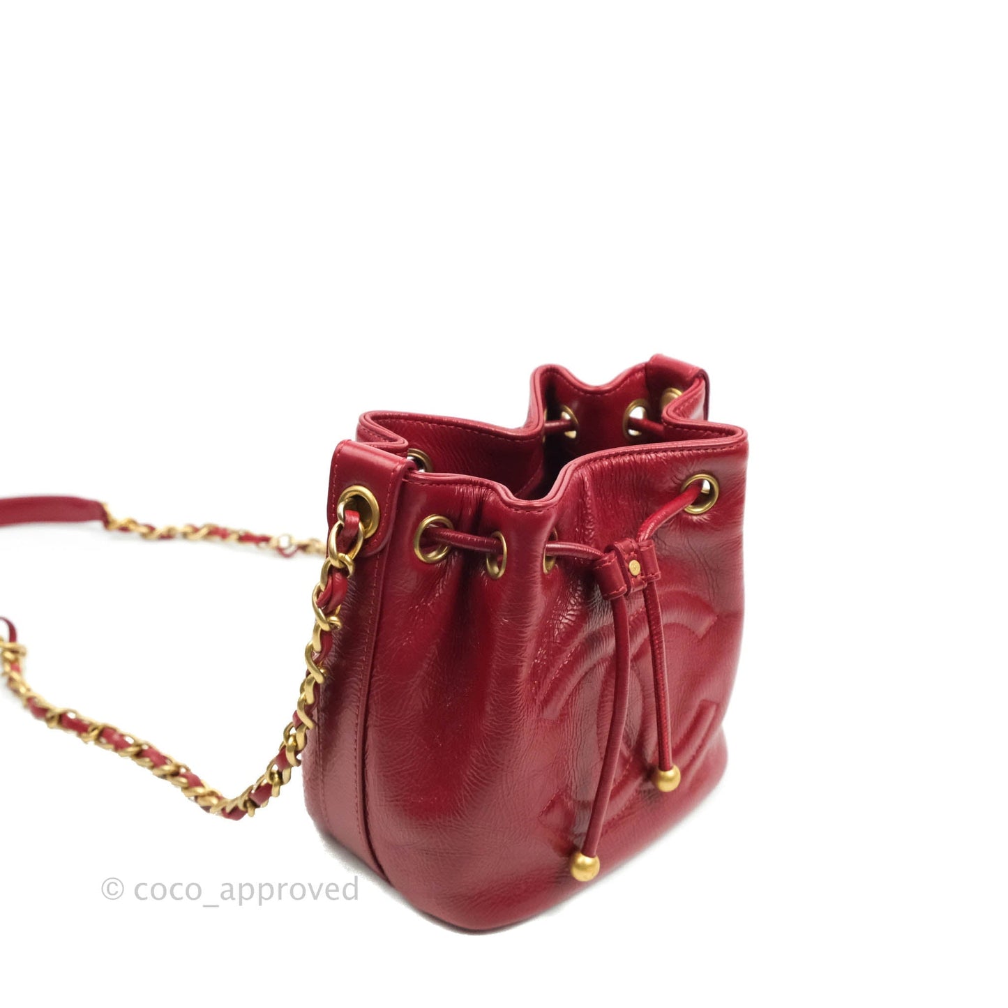 Chanel Shiny Aged Calfskin CC Chain Mini Drawstring Bag Red