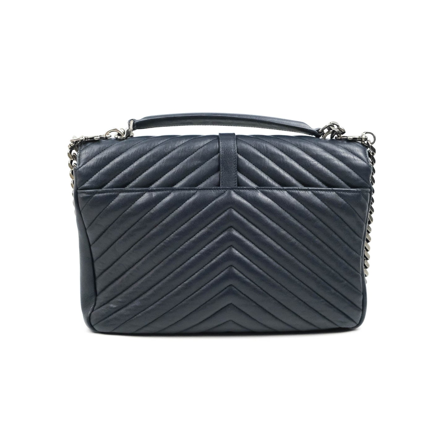 Saint Laurent Chevron Large College Navy Chain Bag Ruthenium Hardware