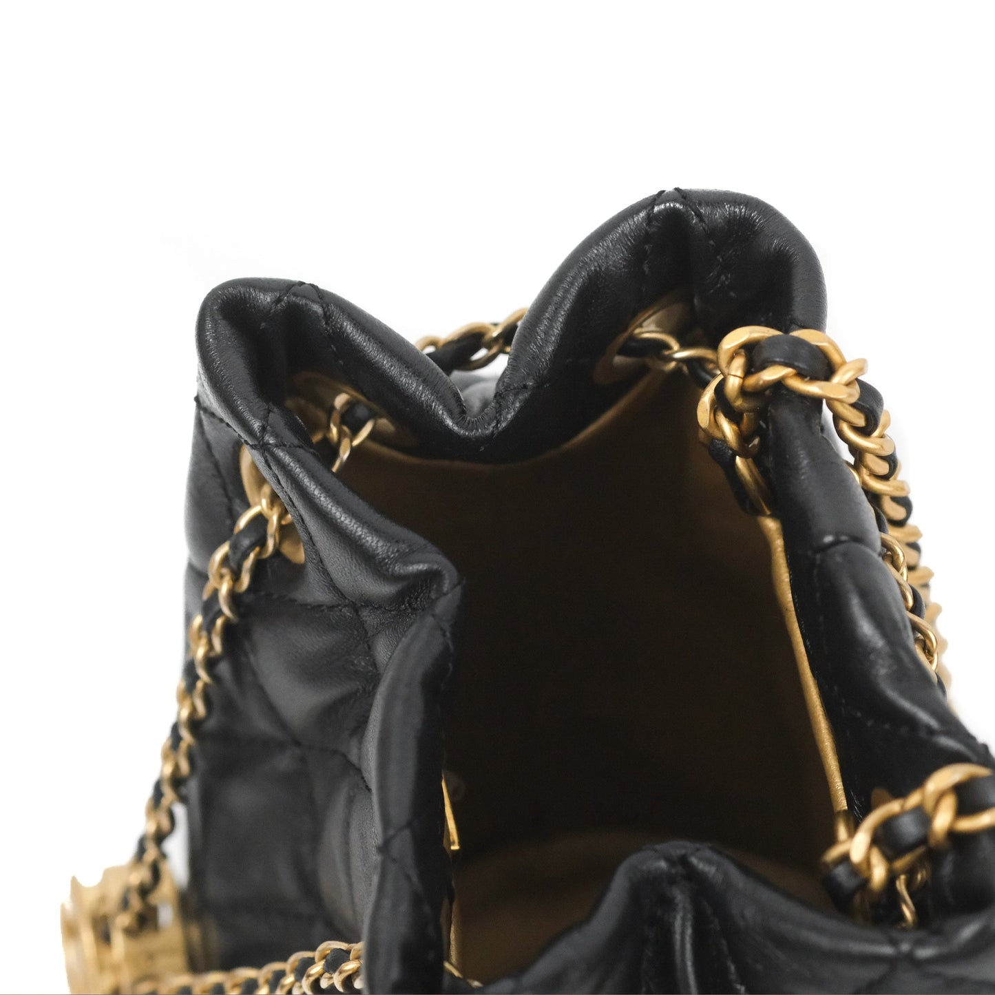Chanel Pearl Crush Bucket Bag Black Lambskin Aged Gold Hardware 22S