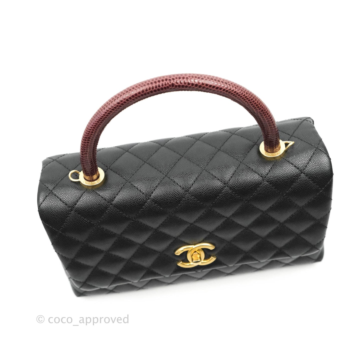 Chanel Medium Coco Handle Quilted Black Caviar Lizard Handle Gold Hardware