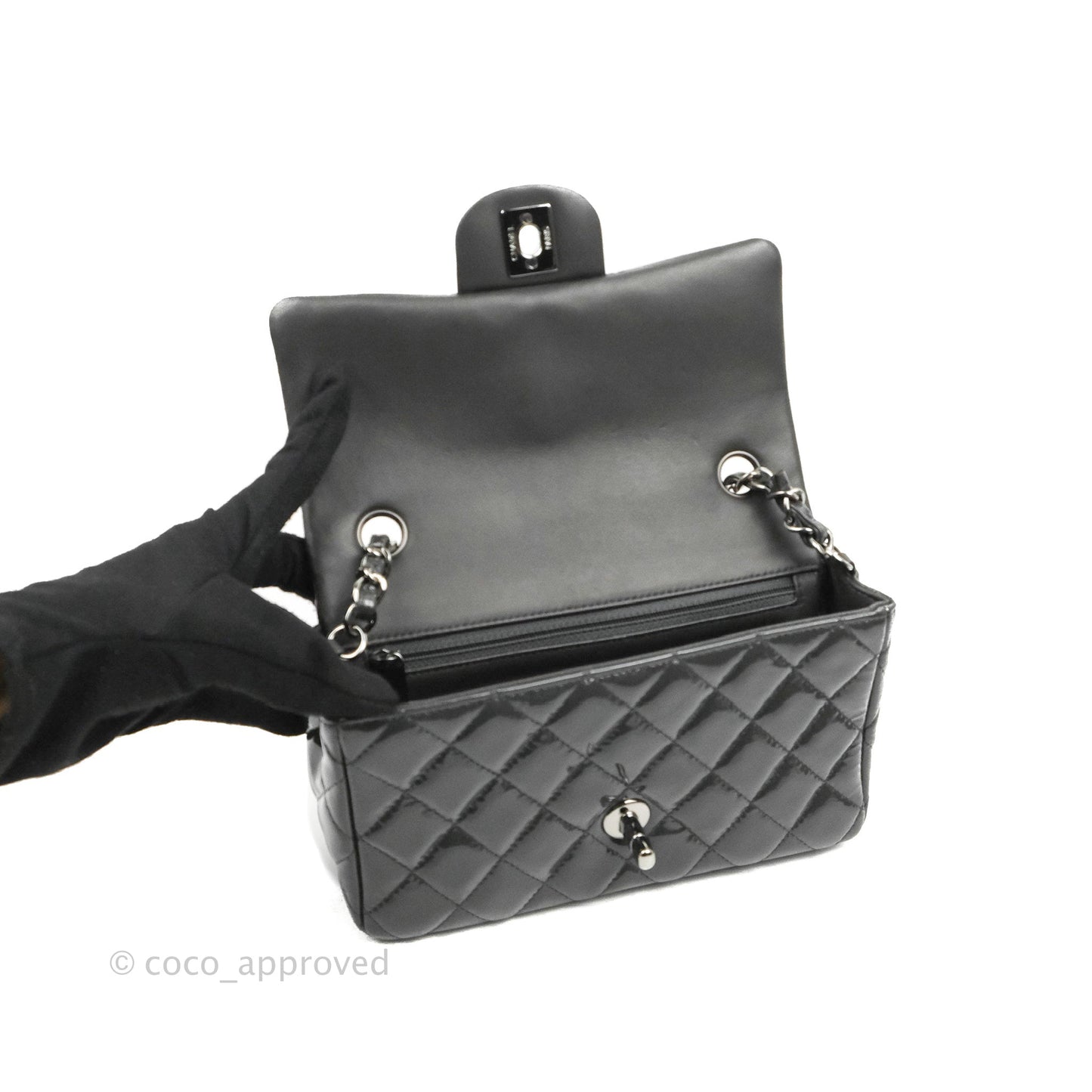 Chanel Quilted Mini Rectangular Dark Grey Patent Silver Hardware