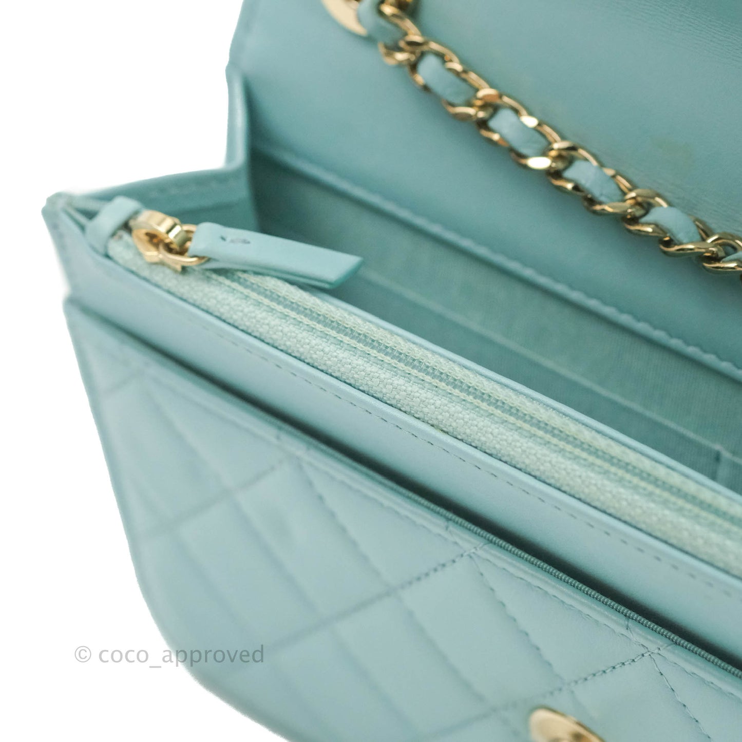 Chanel Trendy CC Quilted Wallet on Chain WOC Tiffany Blue Lambskin Gold Hardware