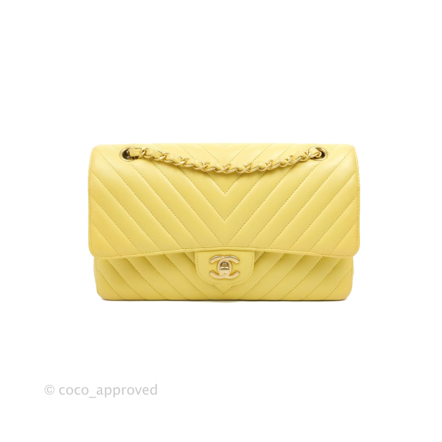 Chanel Classic M/L Medium Flap Chevron Yellow Lambskin Gold Hardware