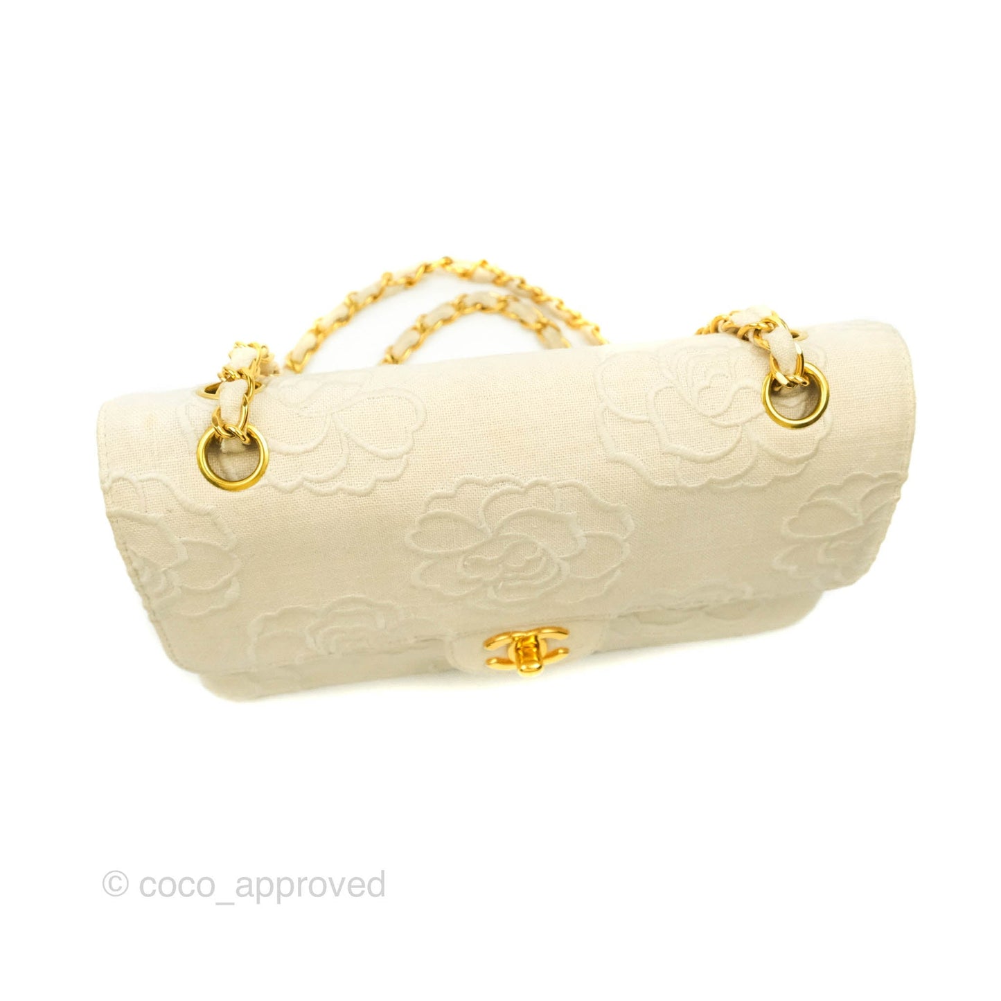 Chanel Small Flap Camellia Embroidered Ivory Beige Linen Canvas 24K Gold Hardware