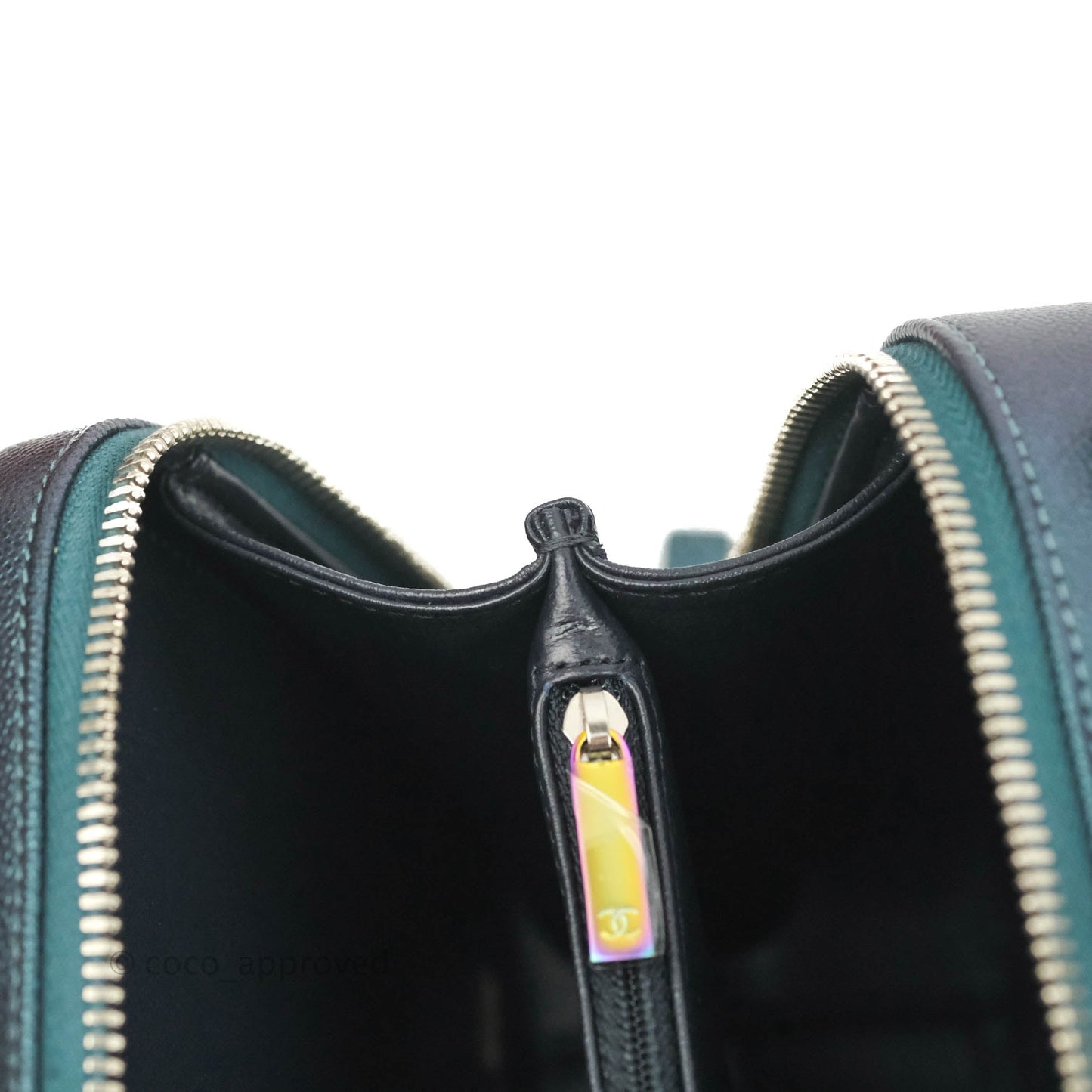 Chanel Quilted Medium CC Filigree Vanity Case Iridescent Dark Turquoise Caviar Rainbow Hardware