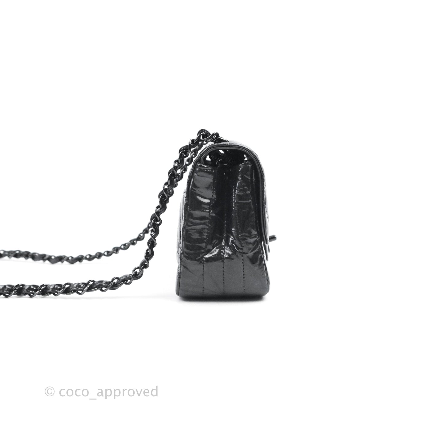 Chanel Mini Square Chevron Flap Black Crumpled Metallic Patent So Black